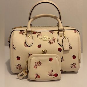 Coach Cream Satchel with Floral and Ladybug Design Rowan kisslock
